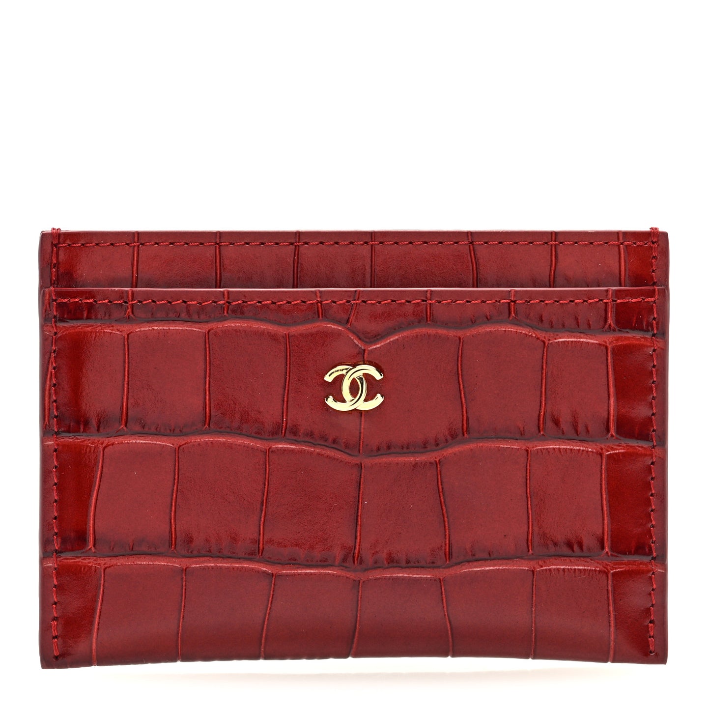Calfskin Crocodile Embossed Crococo Card Holder Burgundy