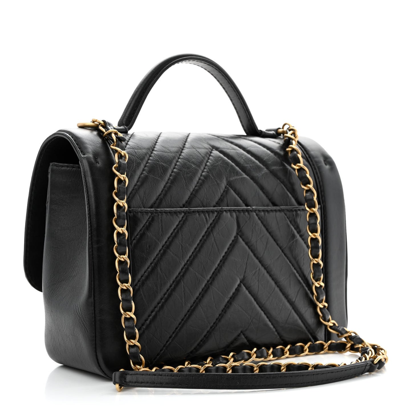 Calfskin Chevron Quilted Top Handle Flap Black