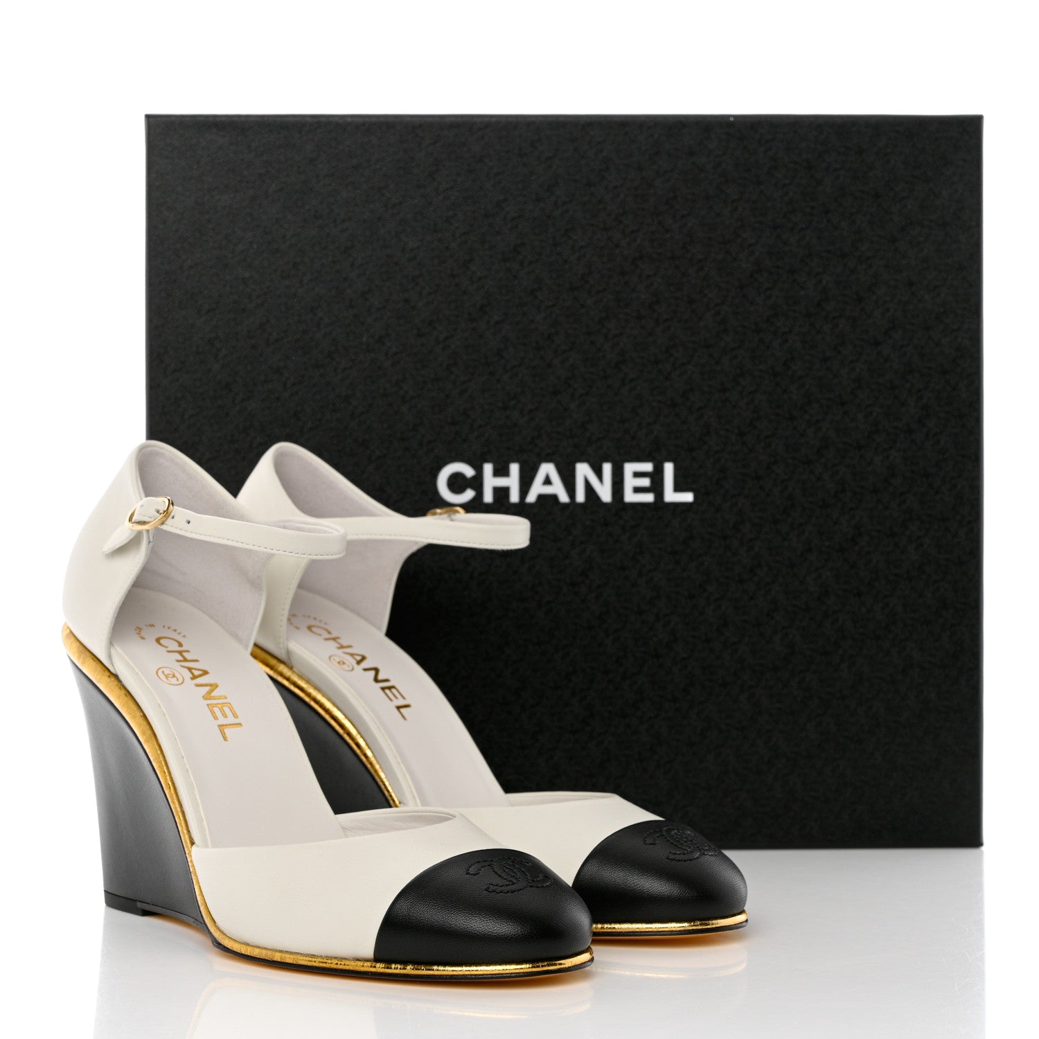 Chanel Lambskin Cap Toe Open Wedge 39 Black White 13 of 13