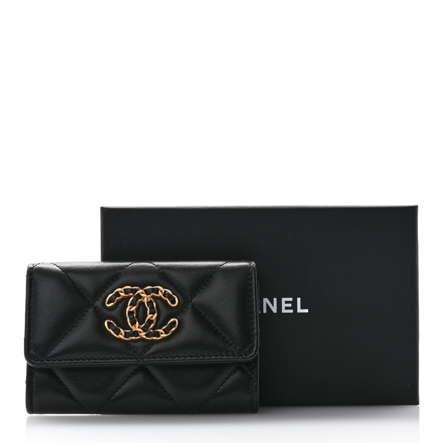 Lambskin Quilted Chanel 19 Flap Card Holder Black