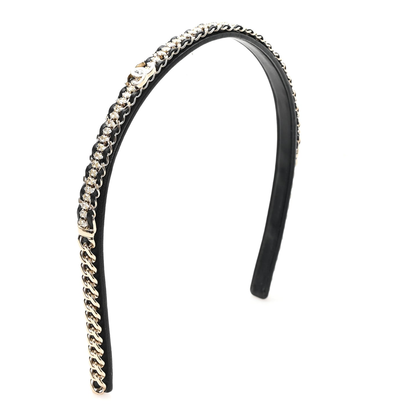 Metal Lambskin Crystal CC Chain Headband Gold Black