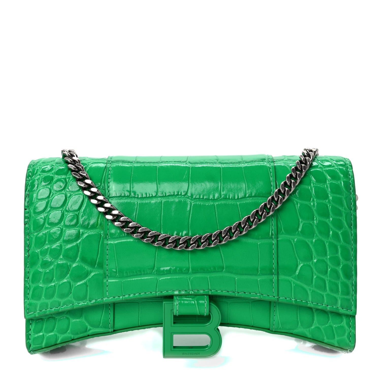 Balenciaga Shiny Calfskin Crocodile Embossed Hourglass Chain Bag Vivid Green 1 of 9