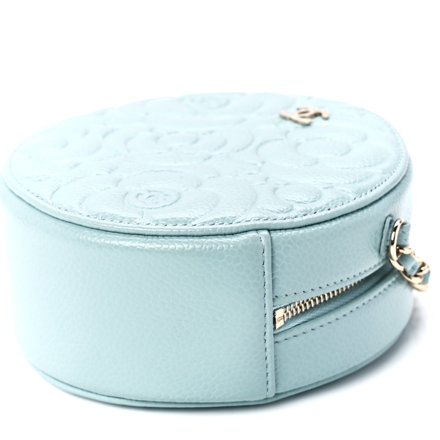 Caviar Camellia Embossed Round Clutch With Chain Light Blue
