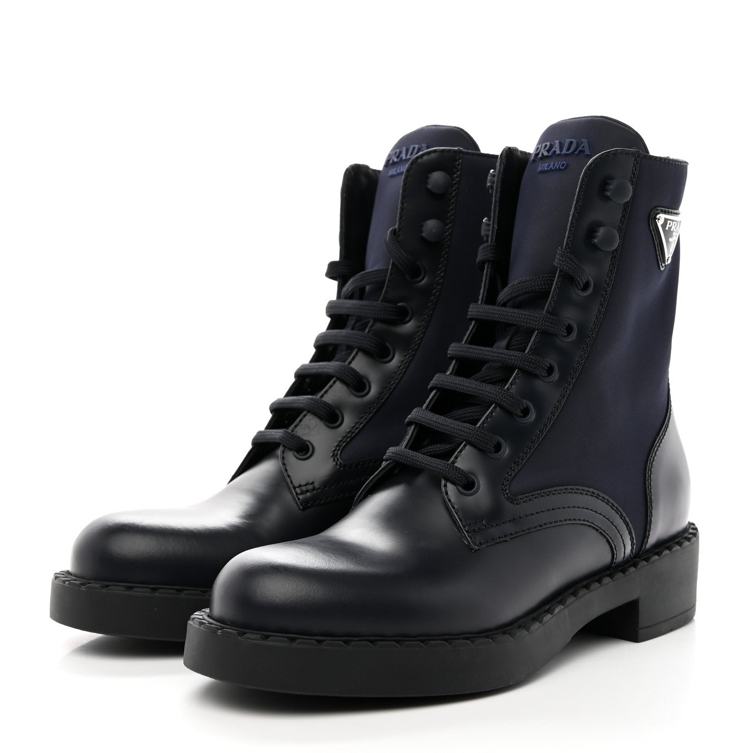 Prada Spazzolato Re-Nylon Metal Triangle Logo Womens 50mm Combat Boots 37 Blue 3 of 15