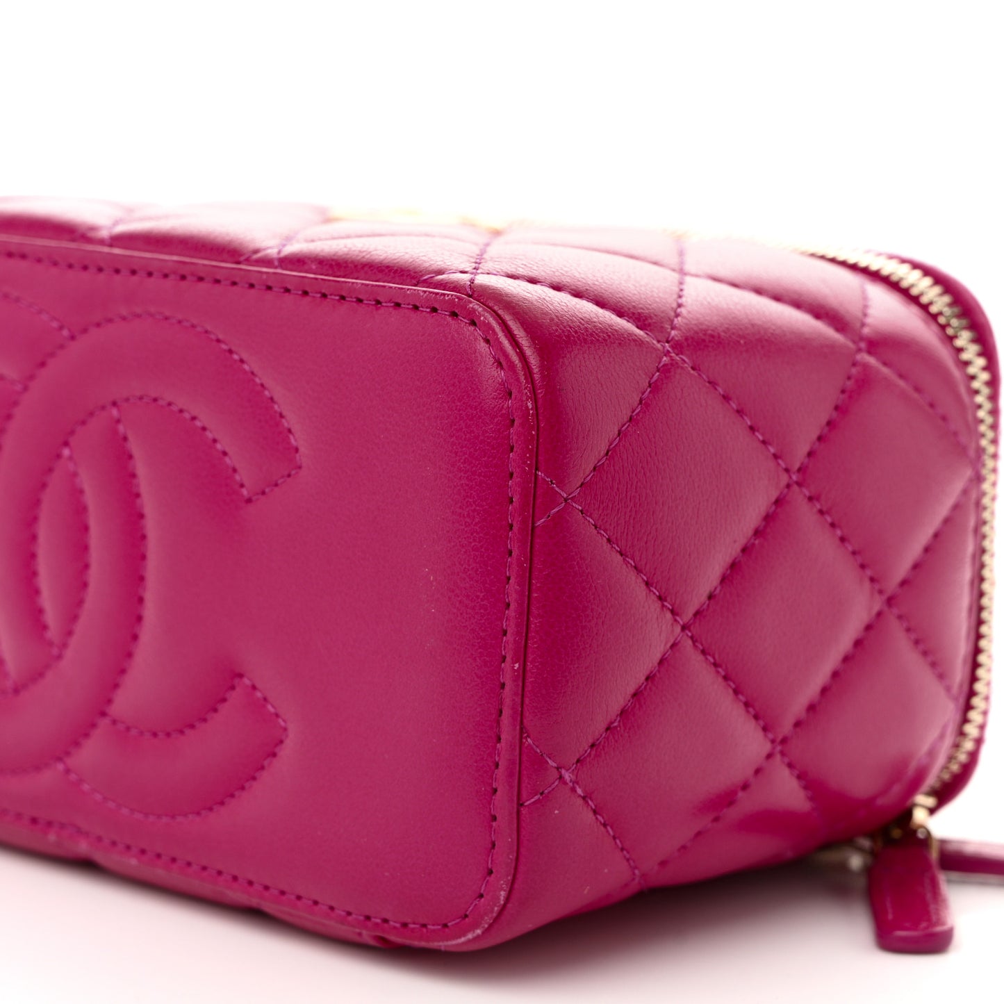 Lambskin Quilted Small Charming Top Handle Vanity Case With Chain Dark Pink