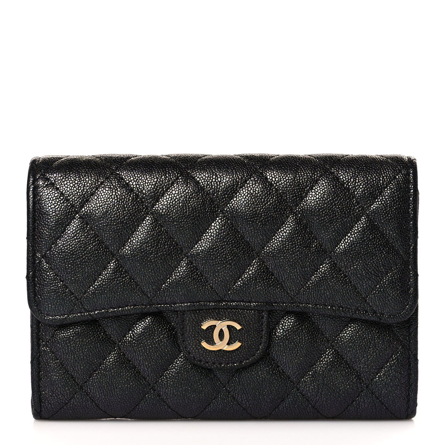 Iridescent Caviar Quilted Large Gusset Flap Wallet Black
