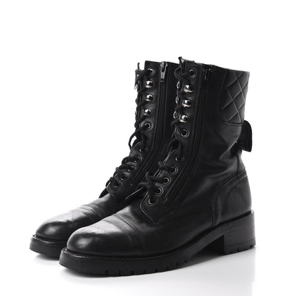 Chanel Calfskin Quilted Lace Up Combat Boots 40 Black 3 of 9