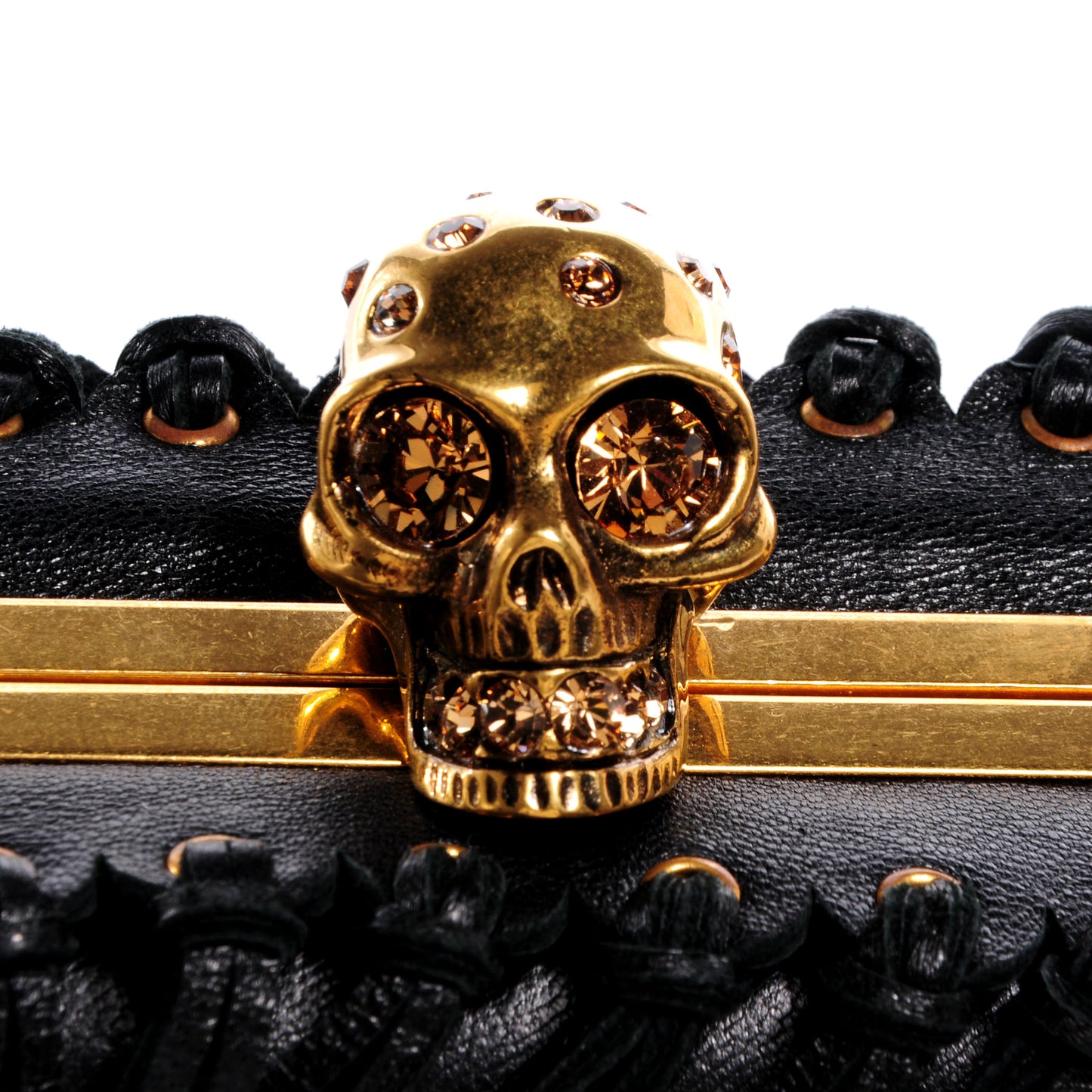 Leather Fringe Crystal Skull Box Clutch Black