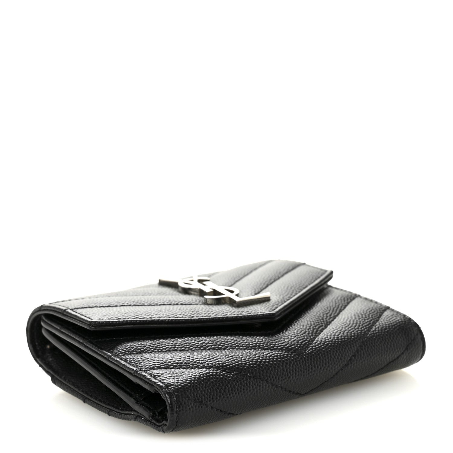 Saint Laurent Grain De Poudre Matelasse Chevron Monogram Compact Tri Fold Wallet Black 4 of 7