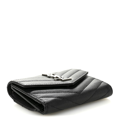 Saint Laurent Grain De Poudre Matelasse Chevron Monogram Compact Tri Fold Wallet Black 4 of 7