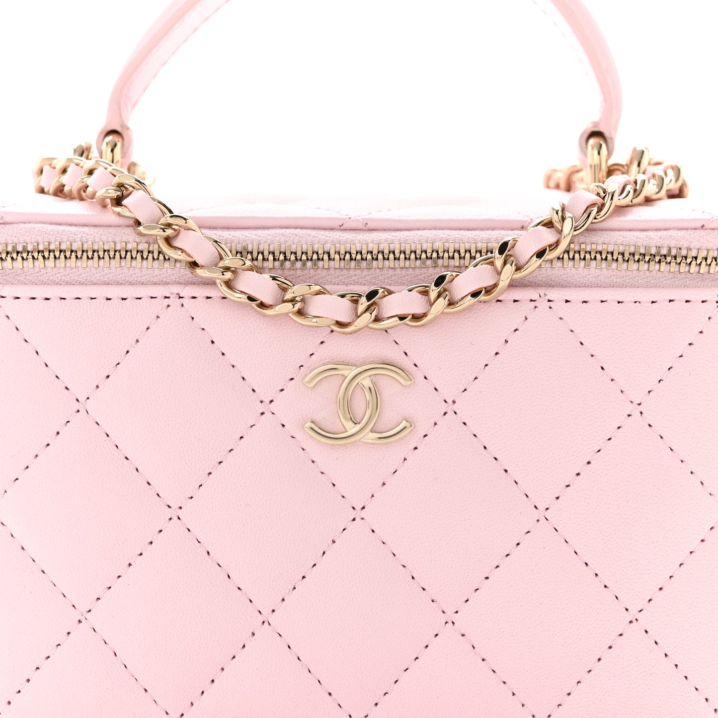 Lambskin Quilted Small Top Handle Vanity Case With Chain Light Pink
