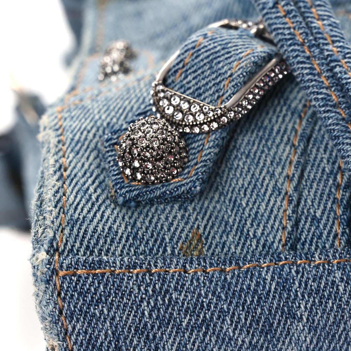 Washed Frayed Denim Crystal Neo Cagole Handbag XS Blue