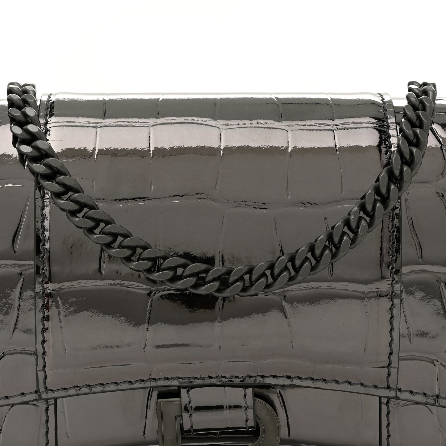 Shiny Metallic Calfskin Crocodile Embossed Hourglass Chain Bag Gunmetal