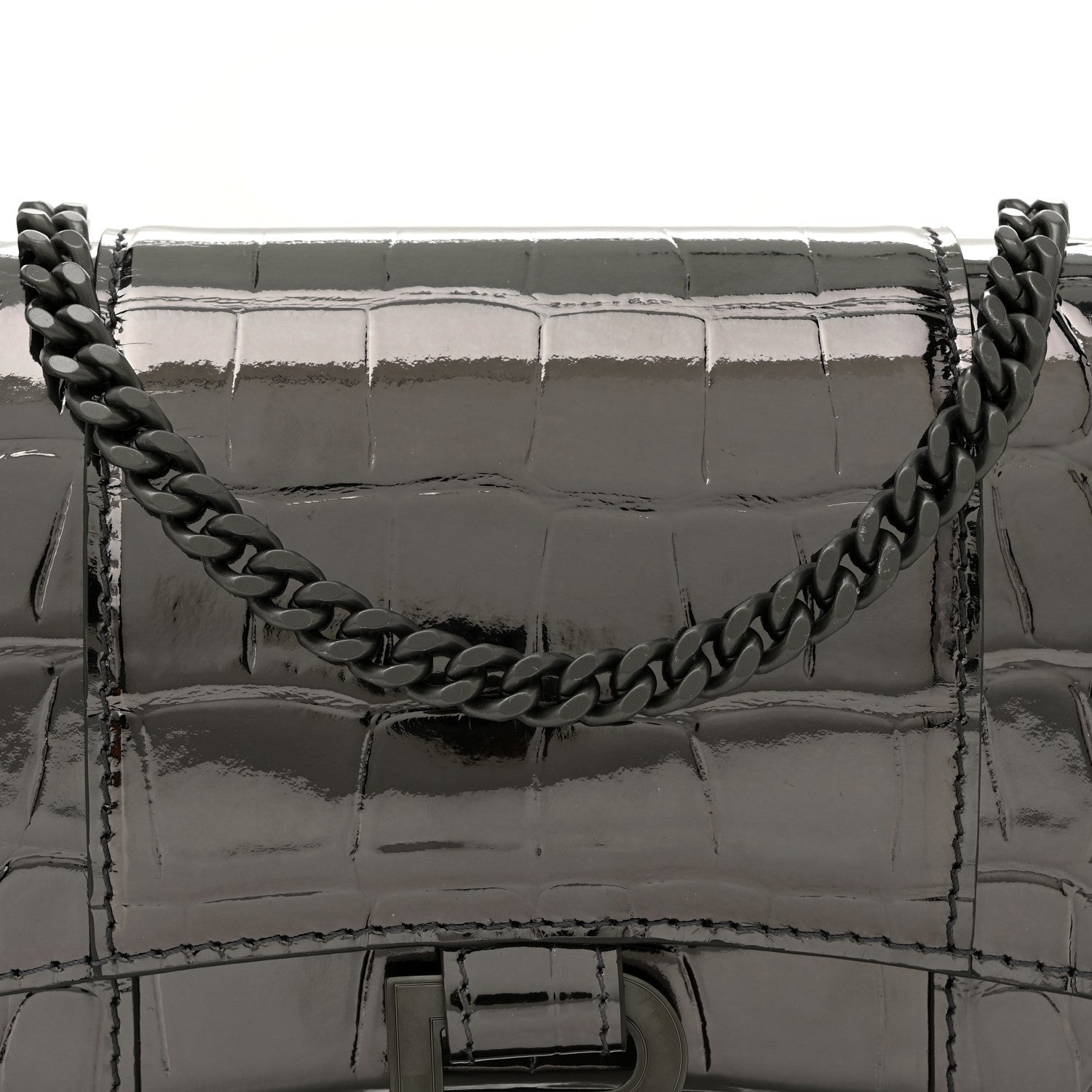 Balenciaga Shiny Metallic Calfskin Crocodile Embossed Hourglass Chain Bag Gunmetal 7 of 9