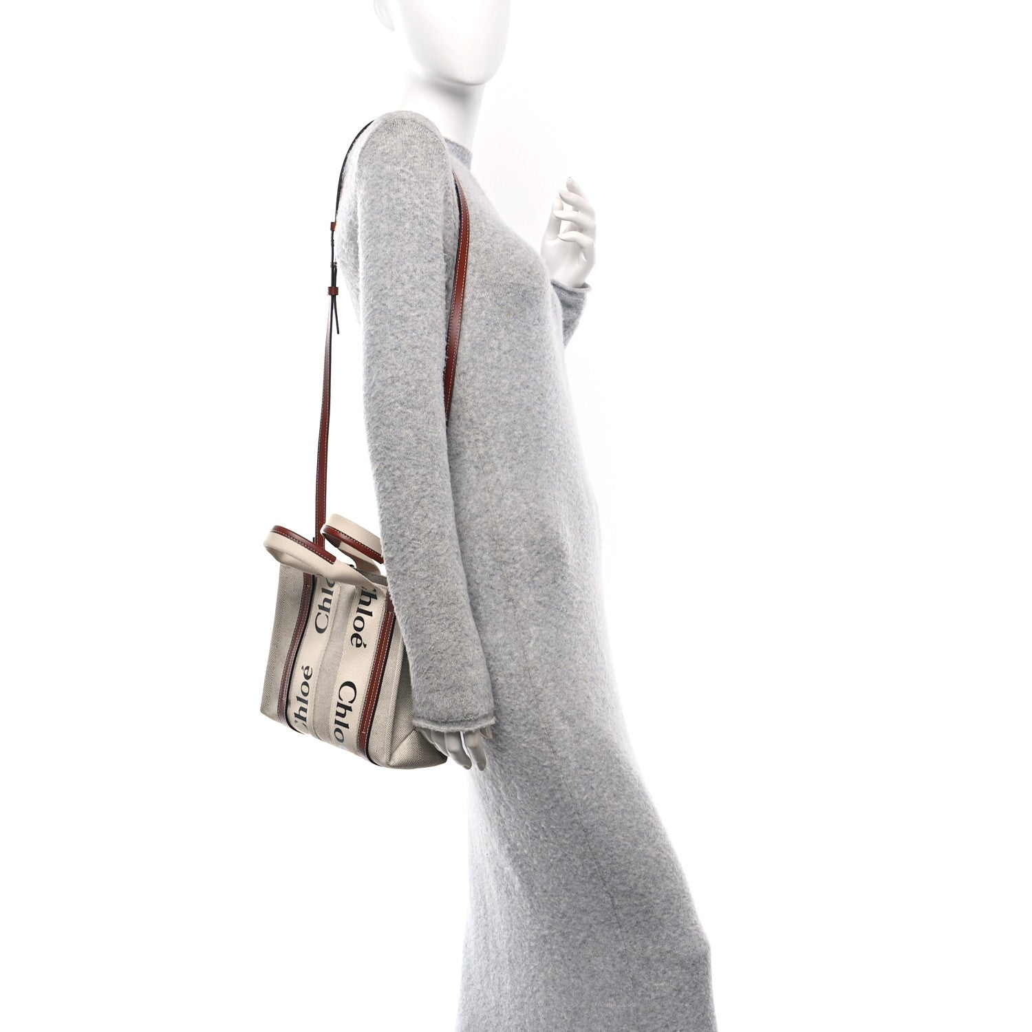 Chloe Cotton Calfskin Small Woody Ribbon Tote With Strap White Brown 2 of 10
