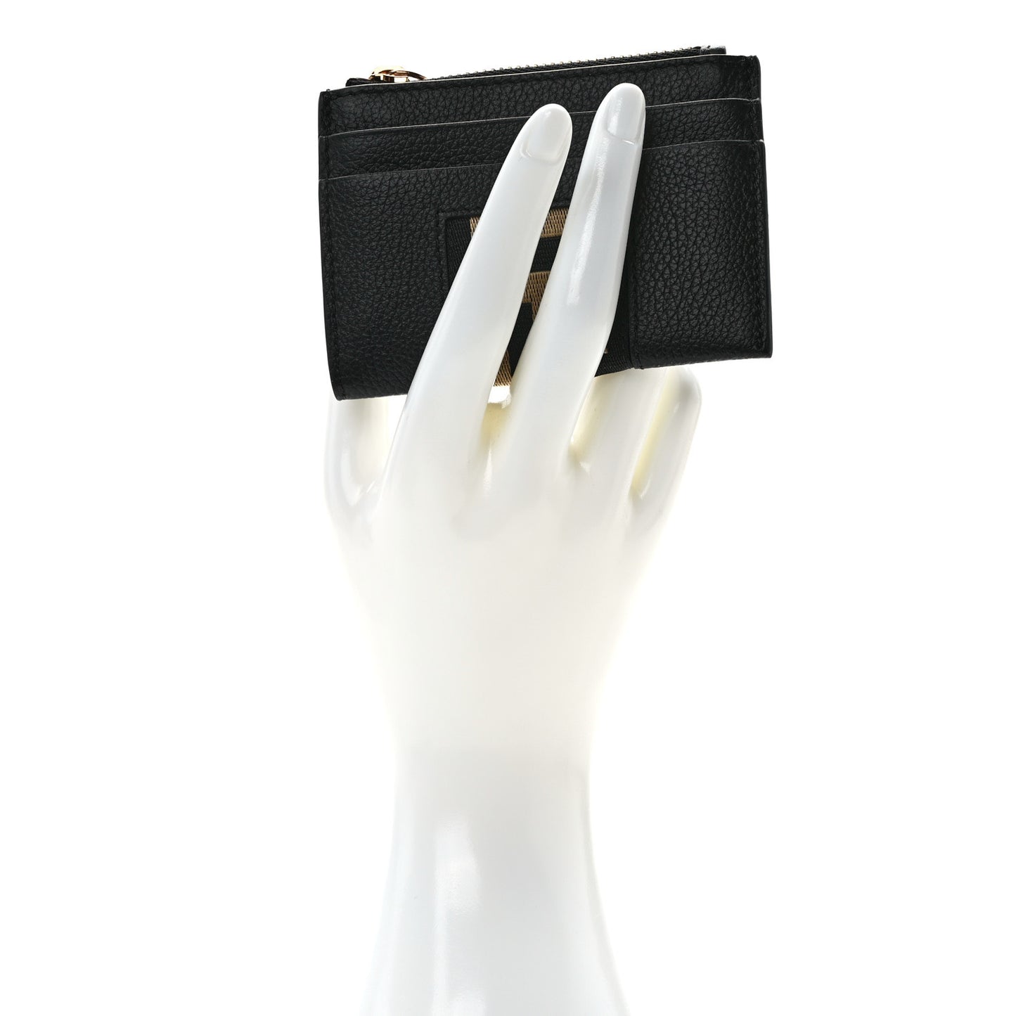 Grained Calfskin Ribbon Greca Zip Card Holder Wallet Black Gold
