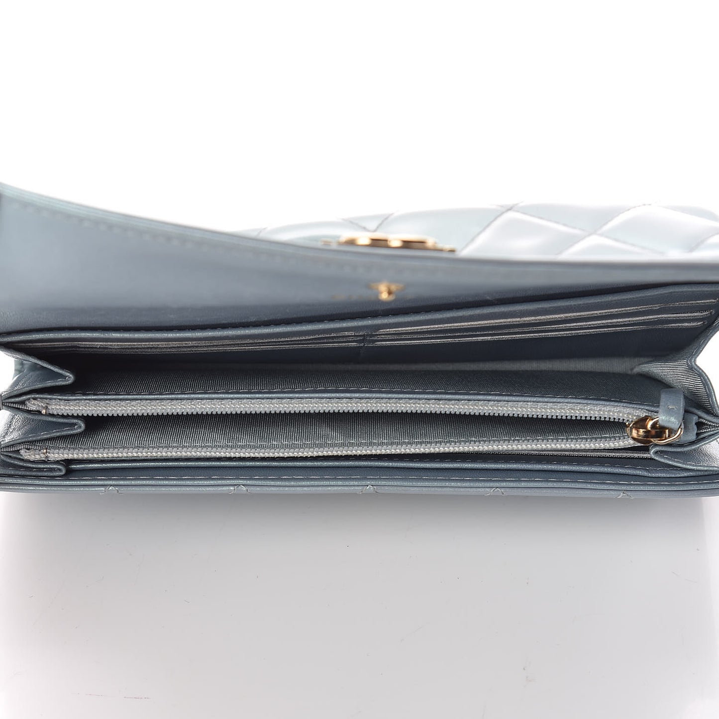 Metallic Patent Calfskin Quilted Boy Large Gusset Flap Wallet Light Blue