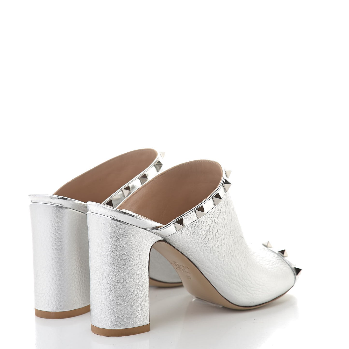 Metallic Pebbled Calfskin Rockstud High Heel Slide Sandals 37 Silver