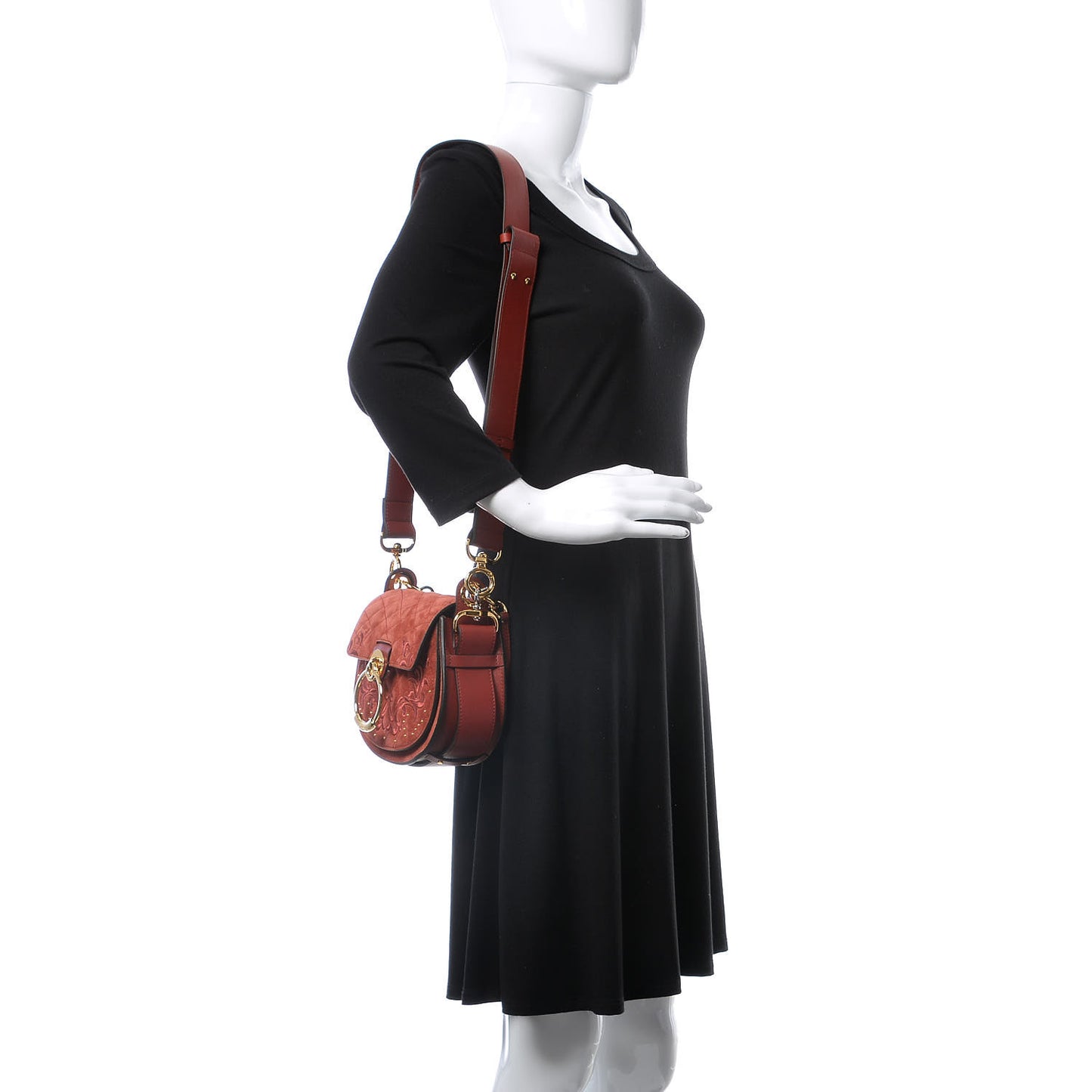 Suede Calfskin Quilted Embroidered Small Tess Bag Reddish Brown