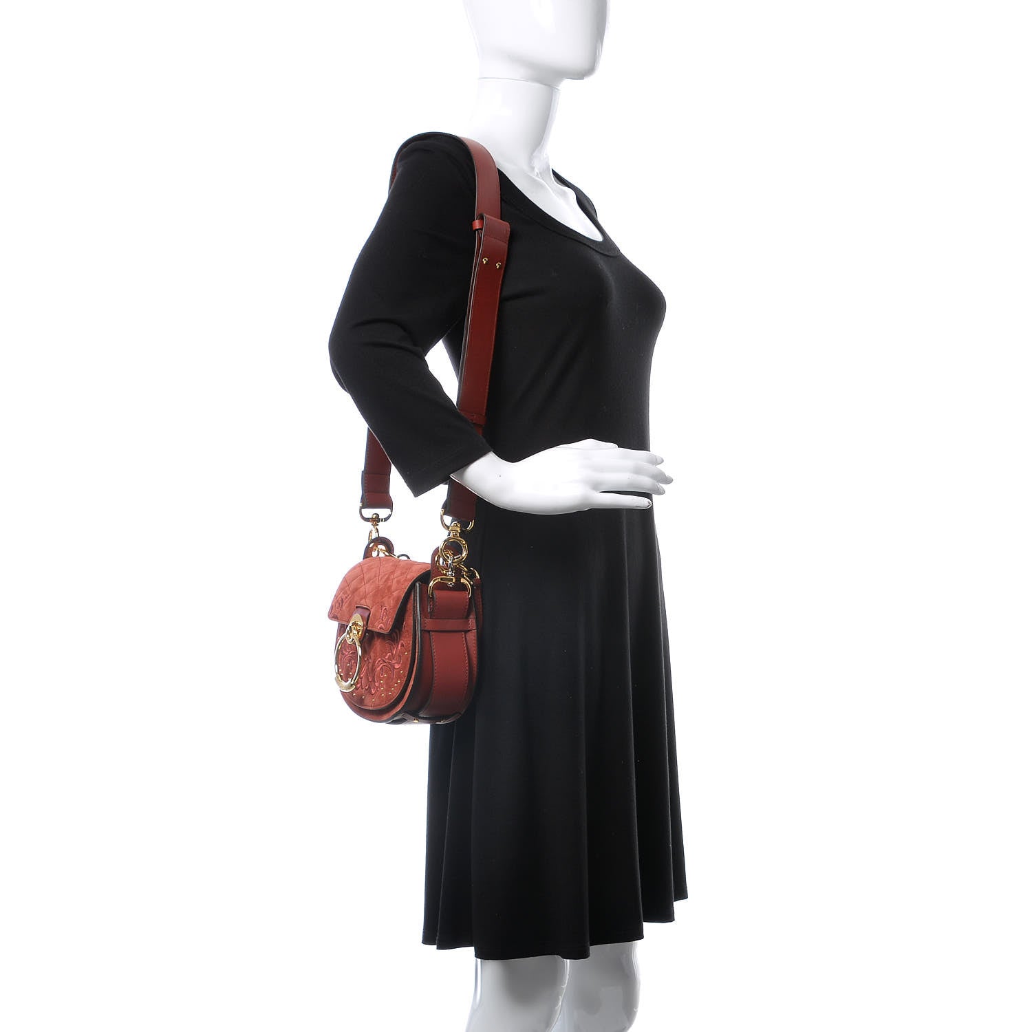 Chloe Suede Calfskin Quilted Embroidered Small Tess Bag Reddish Brown 2 of 7