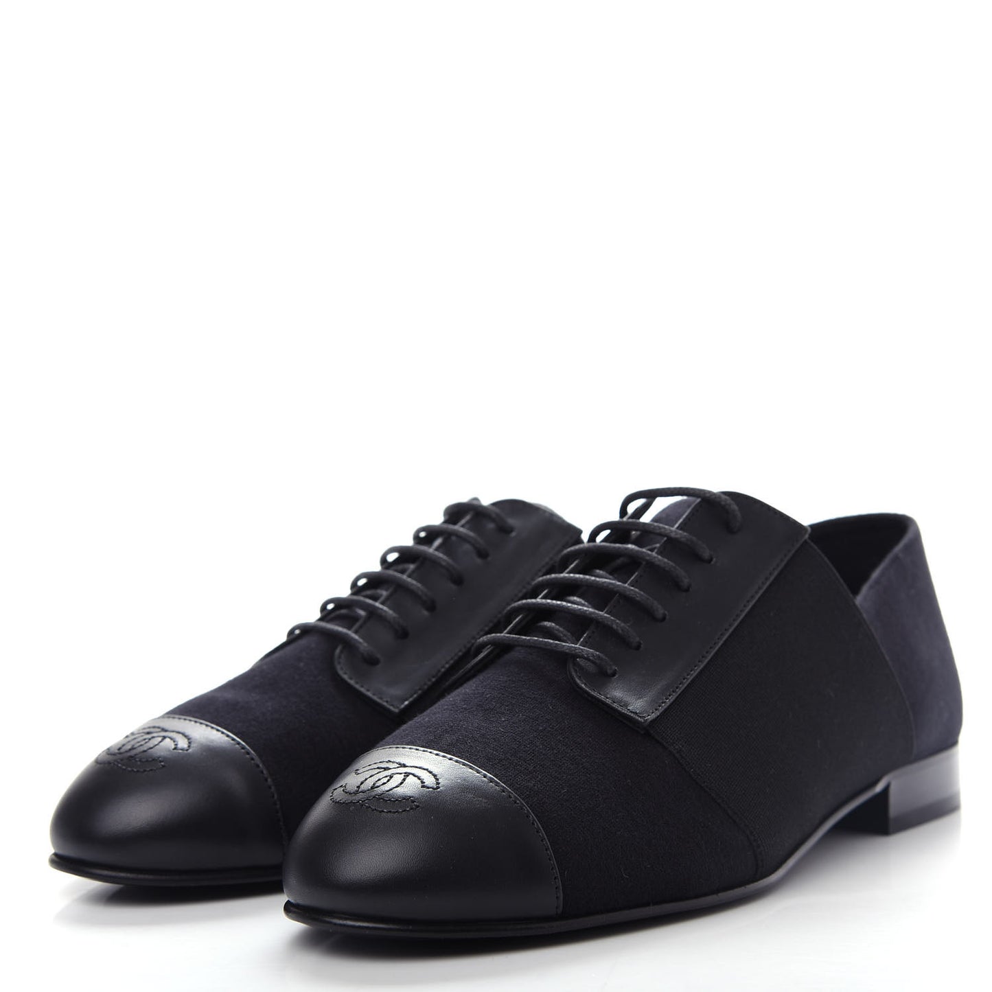 Calfskin Elastic Lace Up Cap Toe CC Loafers 36 Black