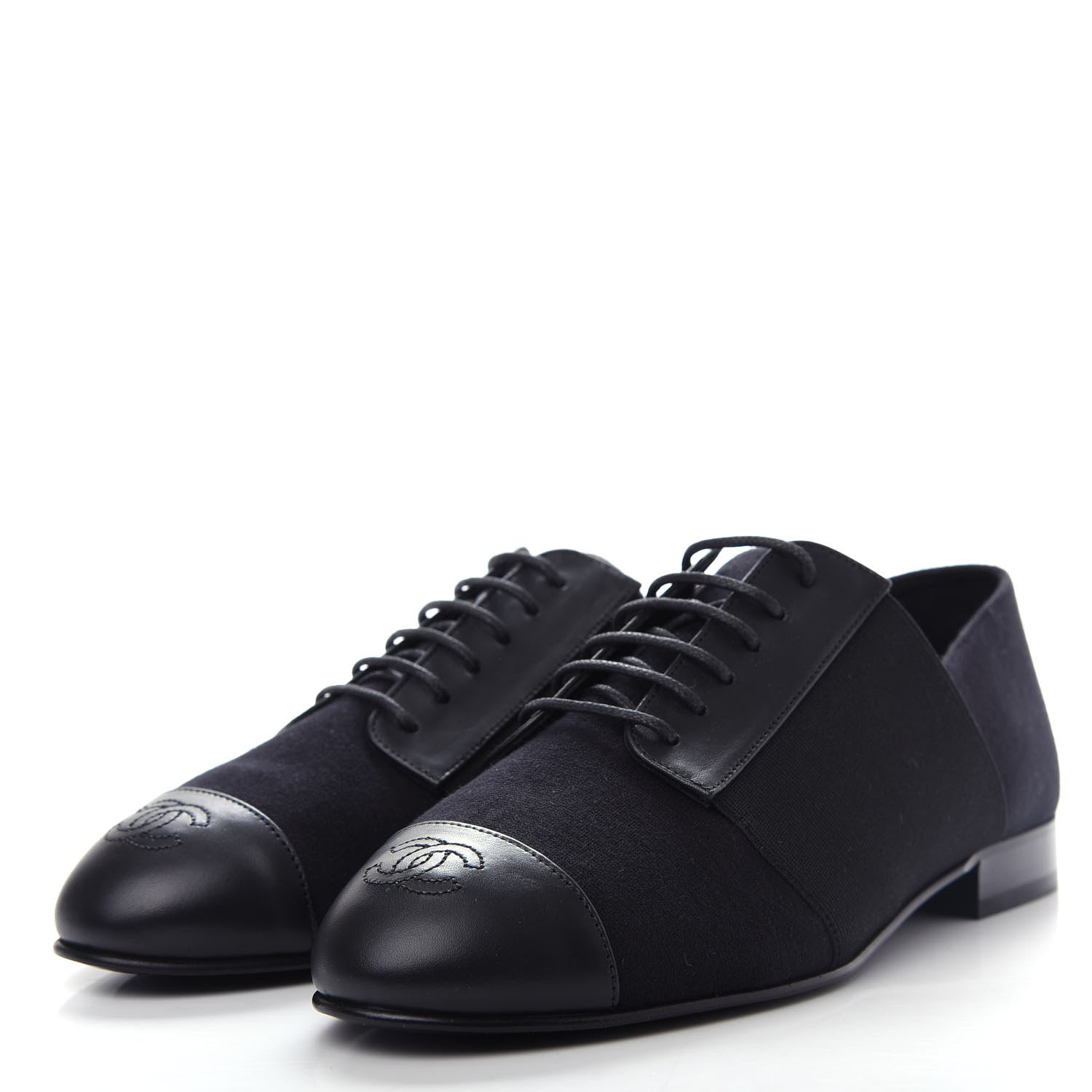 Chanel Calfskin Elastic Lace Up Cap Toe CC Loafers 36 Black 3 of 10
