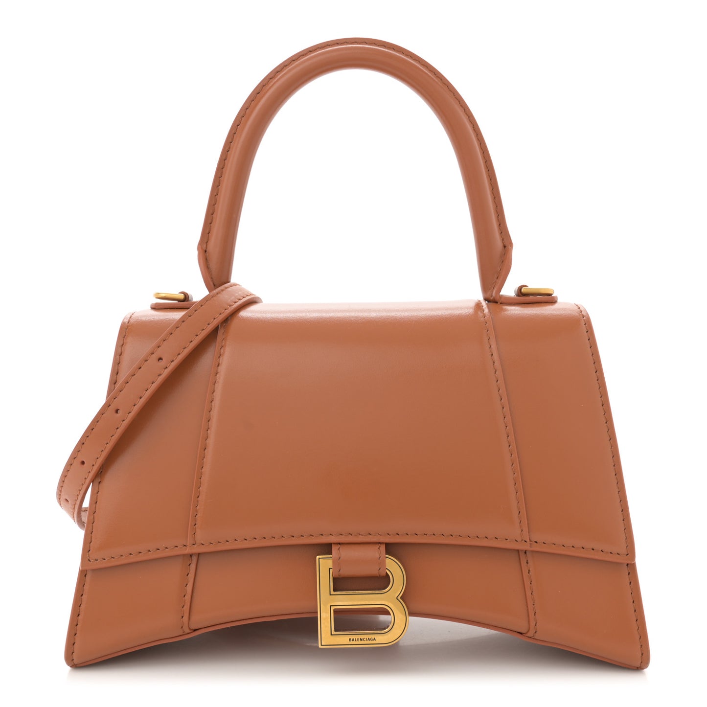 Shiny Box Calfskin Small Hourglass Top Handle Bag Camel