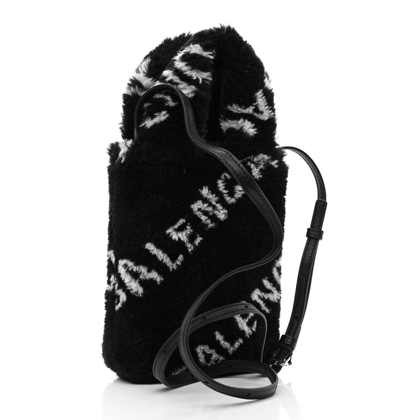 Faux Fur Diagonal Logo Everyday Phone Holder Tote Black White