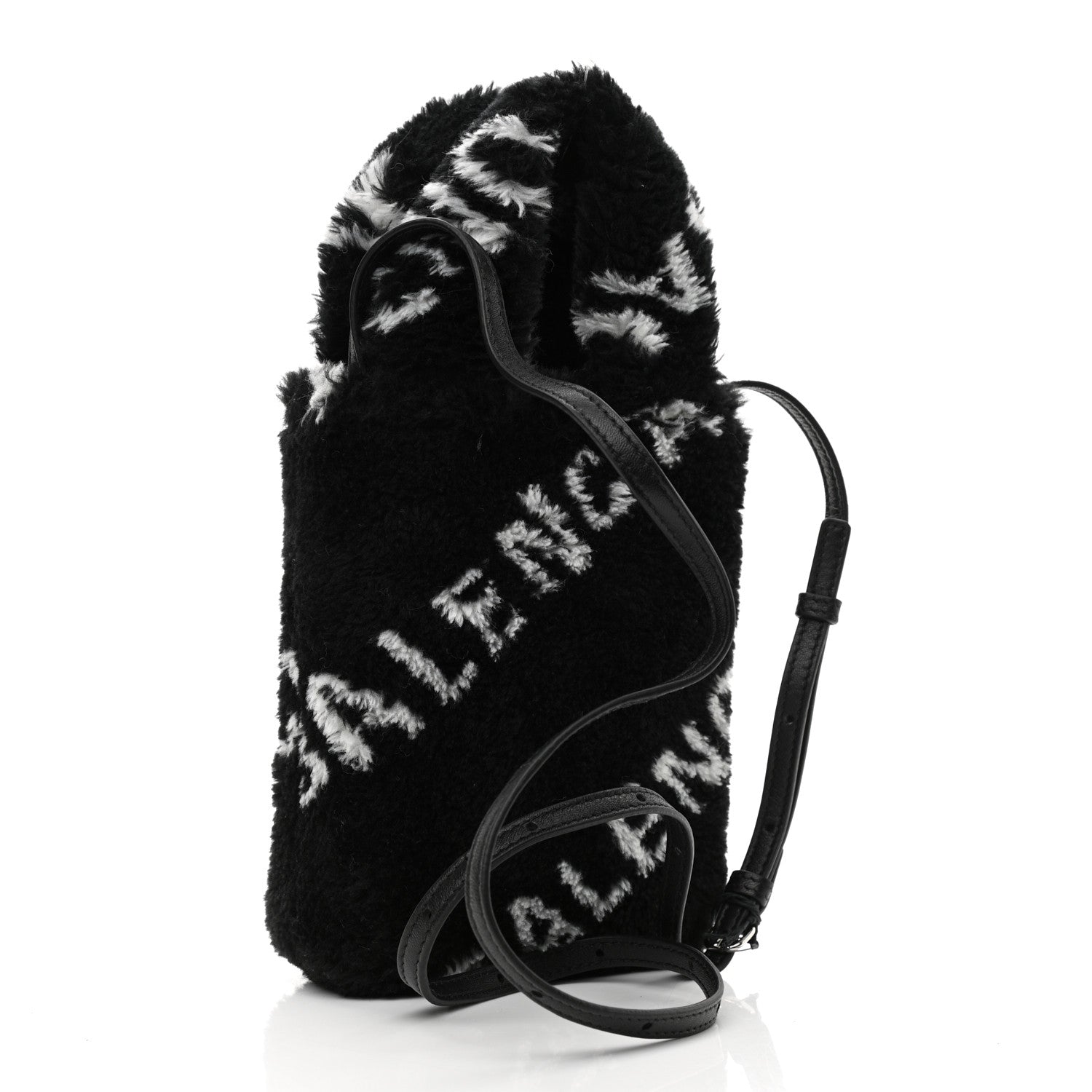 Balenciaga Faux Fur Diagonal Logo Everyday Phone Holder Tote Black White 3 of 9