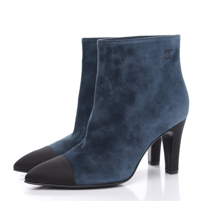 Chanel Suede Calfskin Satin Gabrielle Cap Toe Short Boots 38.5 Blue Black 3 of 10
