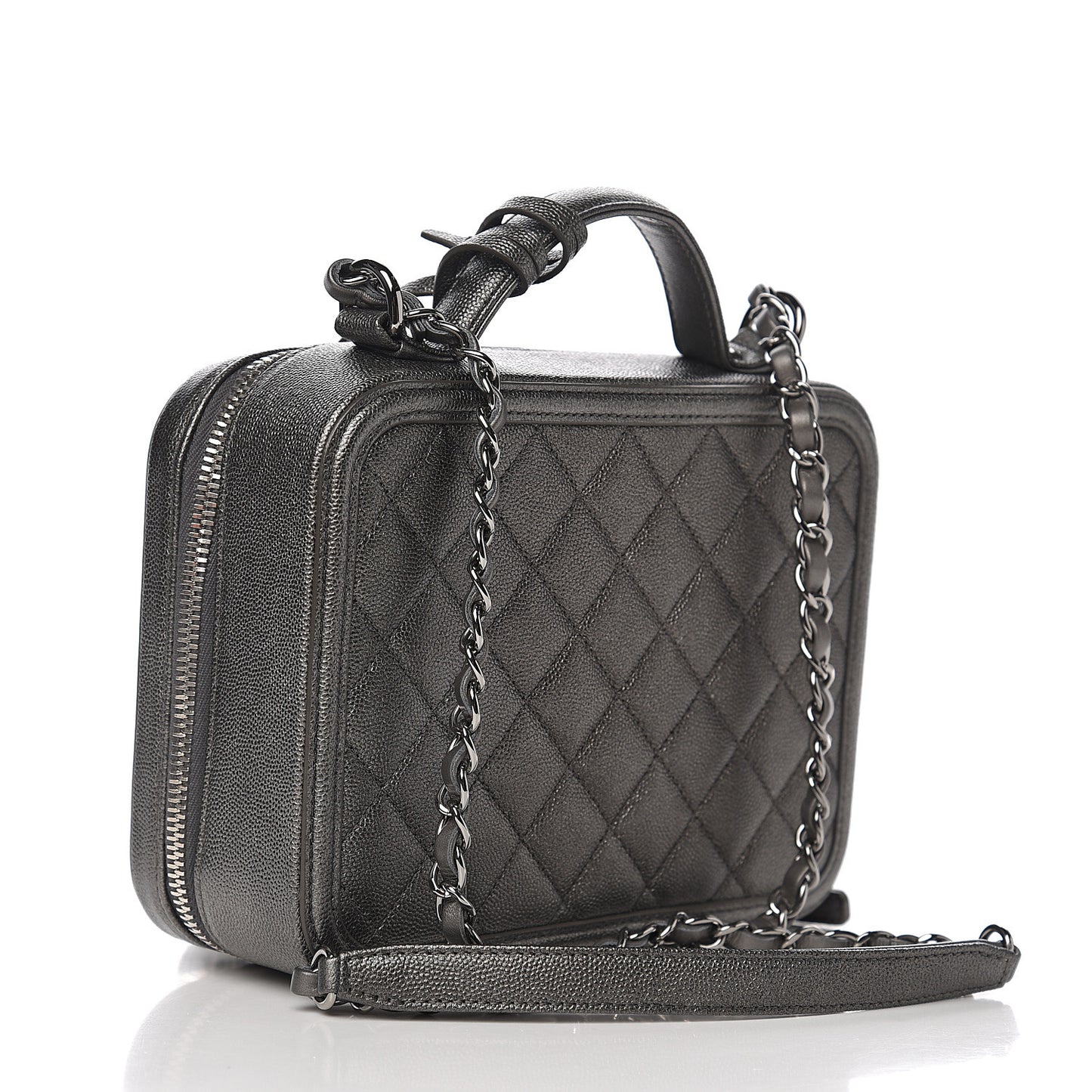 Metallic Caviar Quilted Medium CC Filigree Vanity Case Dark Silver