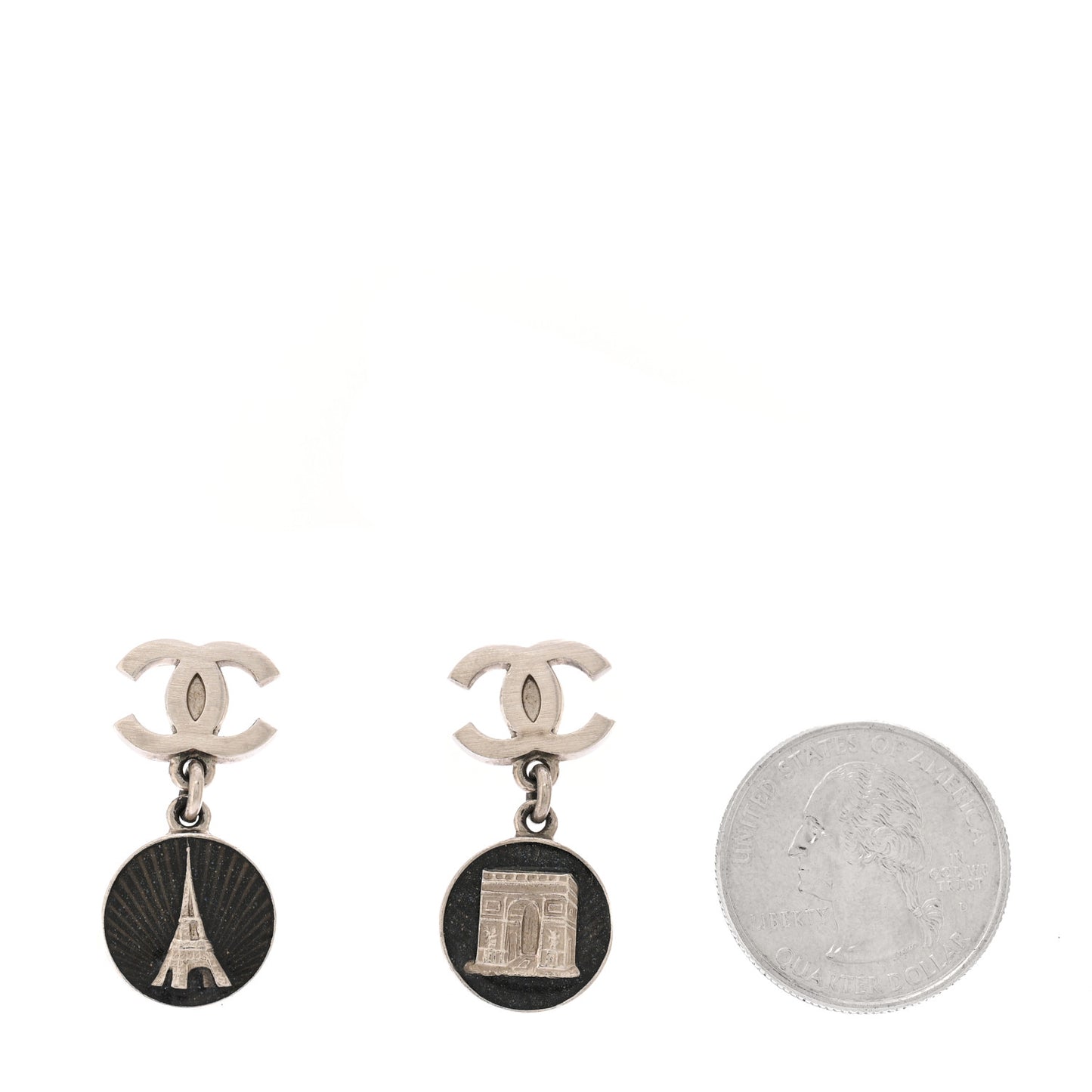 Metal Enamel CC Paris Landmark Drop Earrings Silver Black