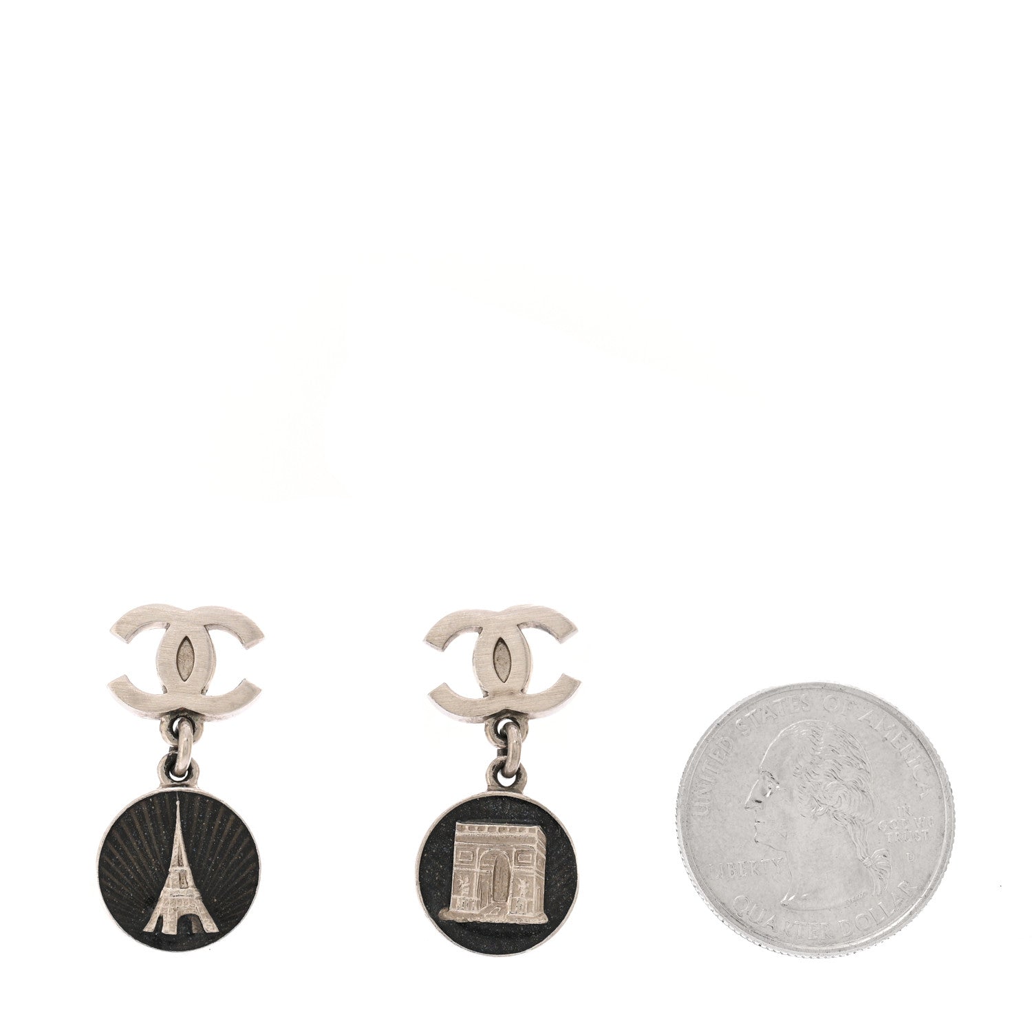 Chanel Metal Enamel CC Paris Landmark Drop Earrings Silver Black 2 of 5