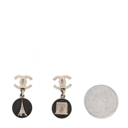 Chanel Metal Enamel CC Paris Landmark Drop Earrings Silver Black 2 of 5