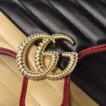 Gucci Vintage Effect Calfskin Matelasse Diagonal Striped Small Torchon GG Marmont Shoulder Bag Black Beige 15 of 16