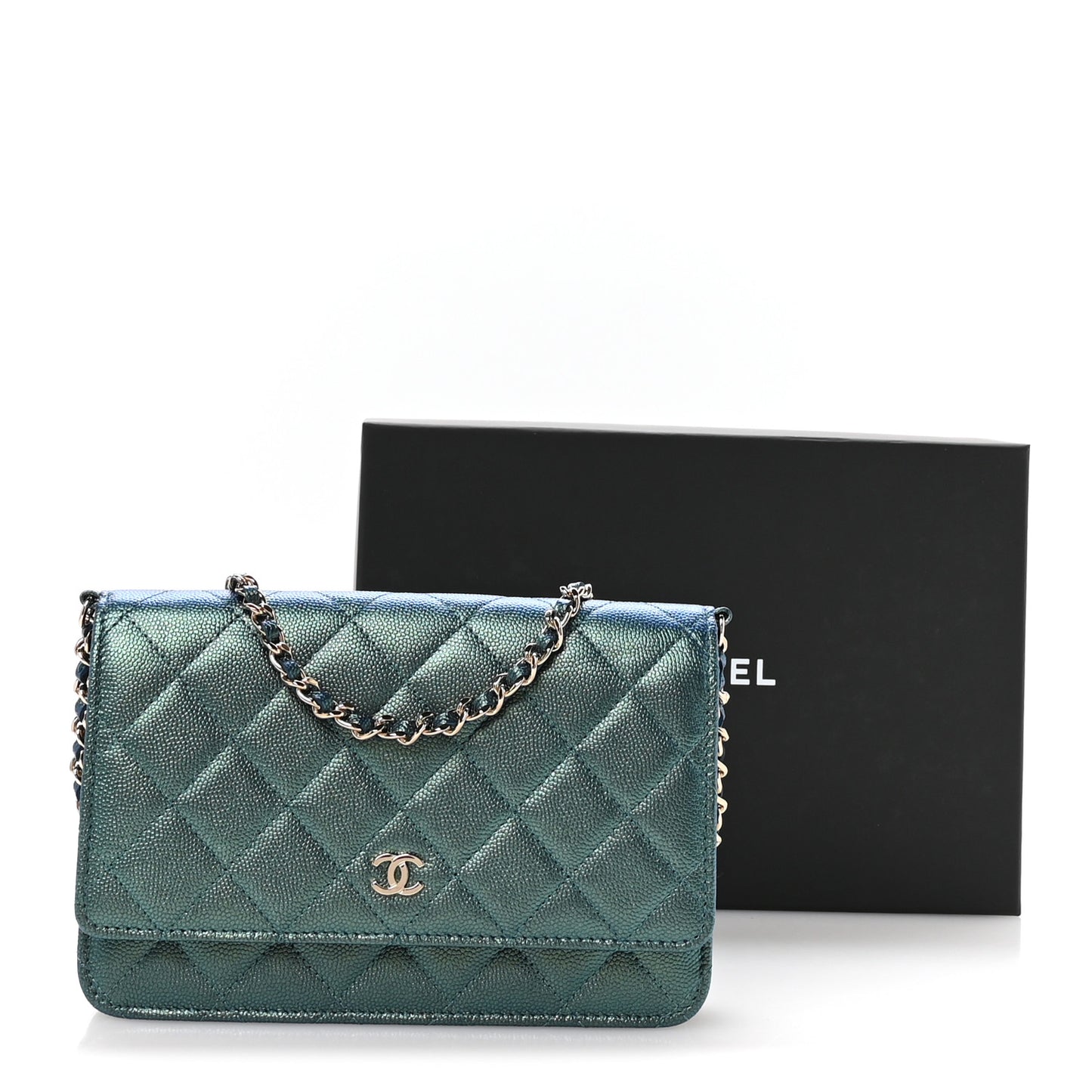 Iridescent Caviar Quilted Wallet on Chain WOC Dark Blue