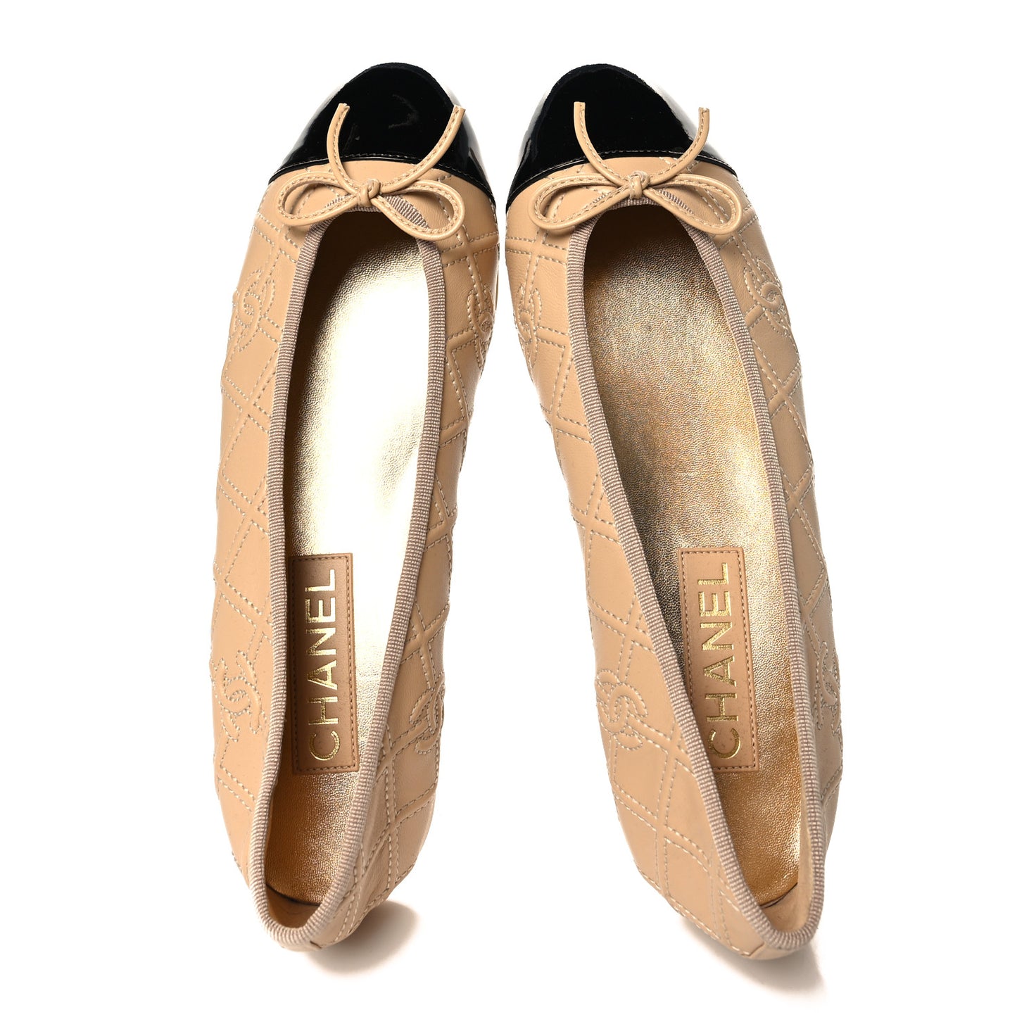 Lambskin Patent Double Stitched CC Cap Toe Ballerina Flats 40 Beige Black