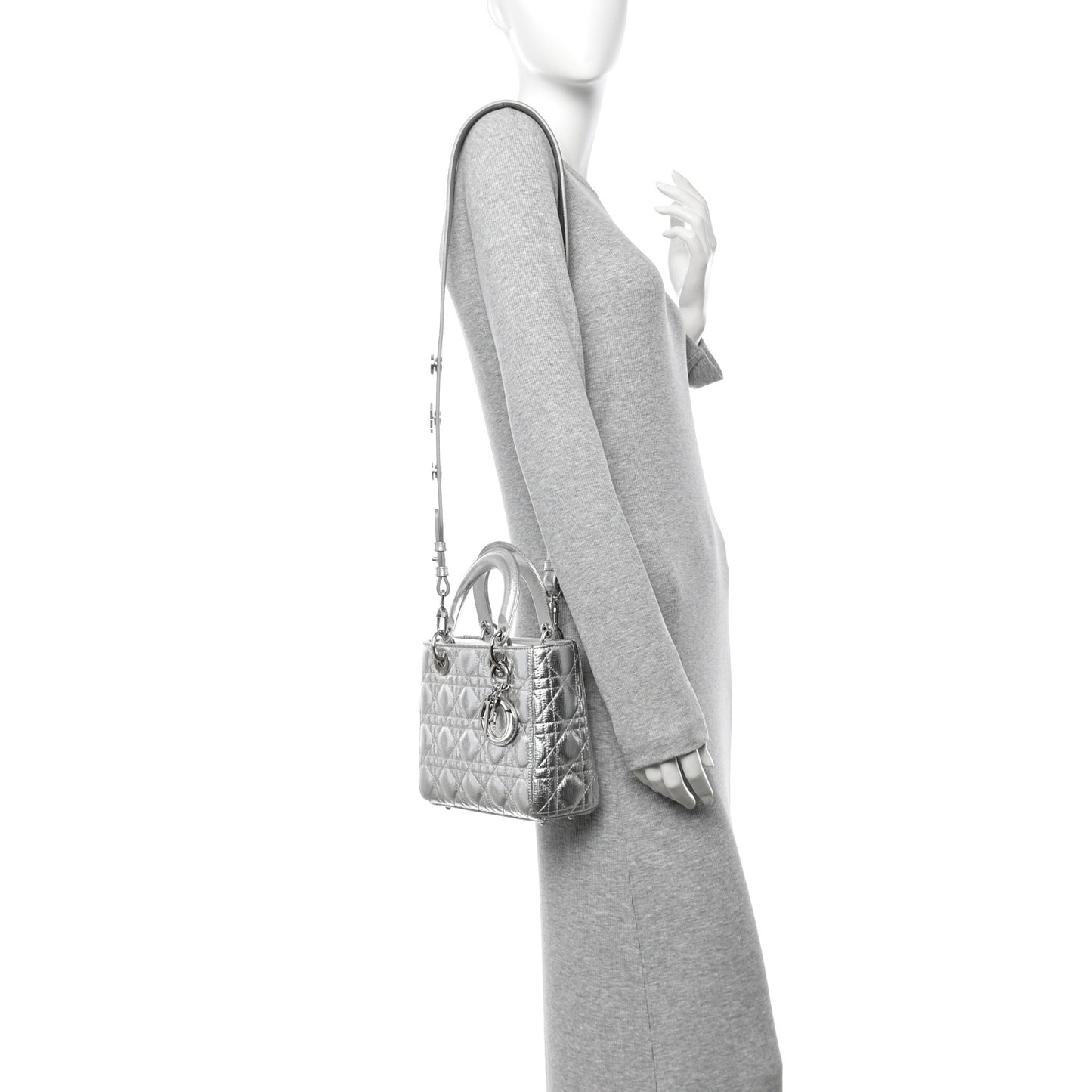 Metallic Grained Calfskin Cannage Small Lucky Badges My Lady Dior Silver