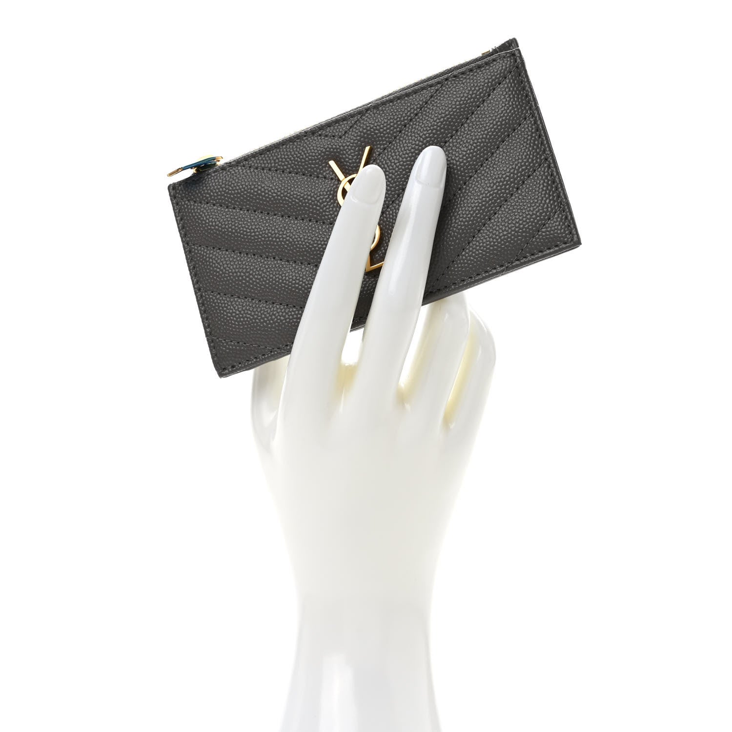 Saint Laurent Grain De Poudre Matelasse Chevron Monogram Fragments Zippered Card Case Fog 2 of 8