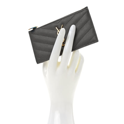 Saint Laurent Grain De Poudre Matelasse Chevron Monogram Fragments Zippered Card Case Fog 2 of 8