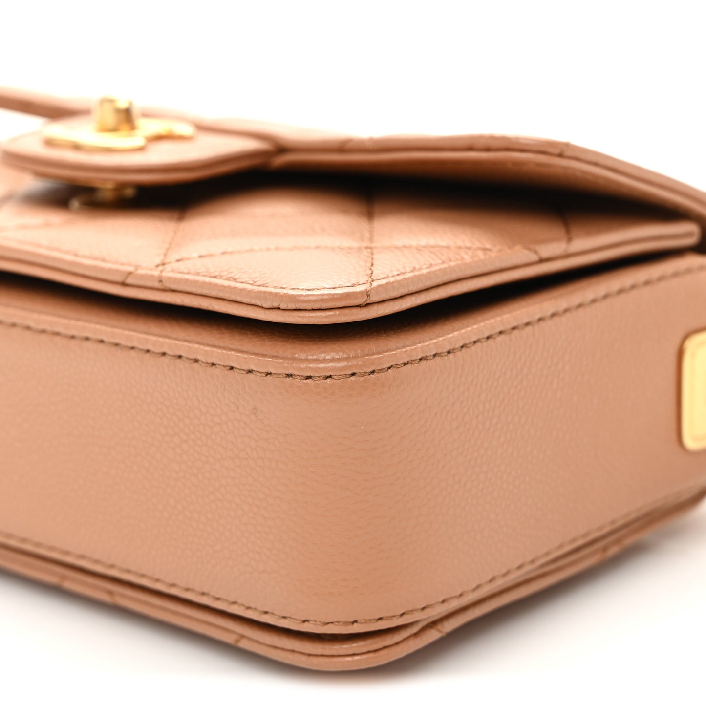 Shiny Caviar Quilted Mini Top Handle Flap Bag Camel