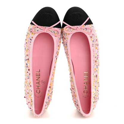 Chanel Tweed Sequin Grosgrain Cap Toe Ballet Flats 36.5 Light Pink Multicolor Black 2 of 9