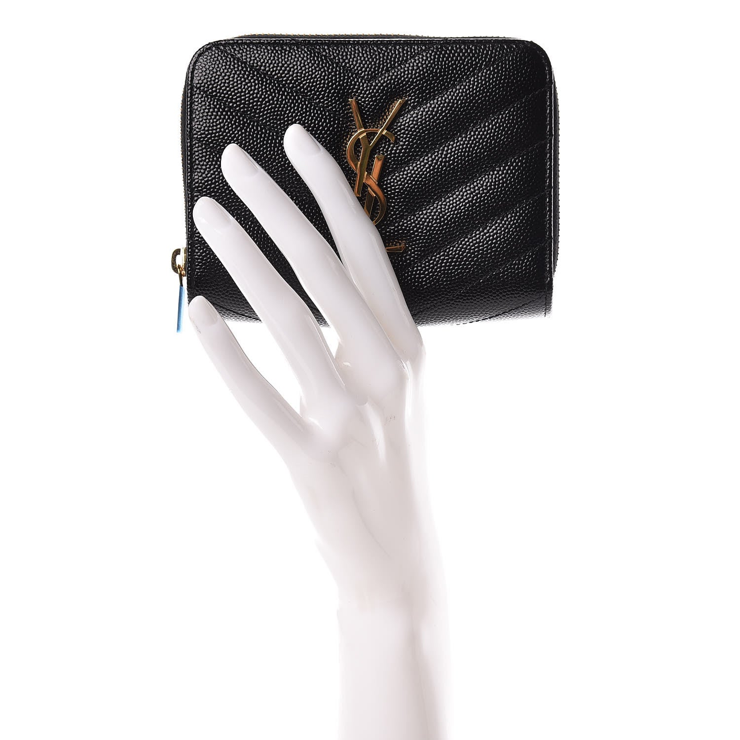 Saint Laurent Grain De Poudre Matelasse Chevron Monogram Compact Zip Around Wallet Black 2 of 8