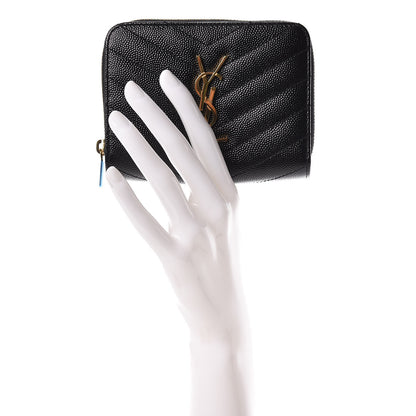 Saint Laurent Grain De Poudre Matelasse Chevron Monogram Compact Zip Around Wallet Black 2 of 8