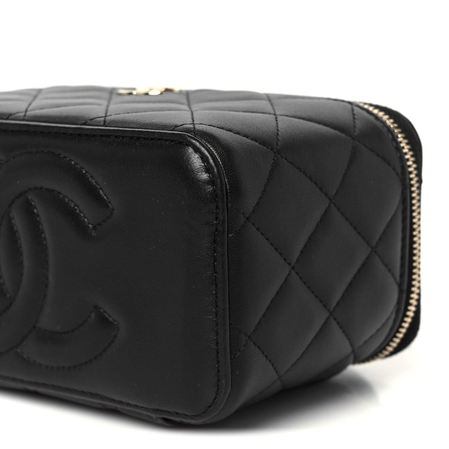Lambskin Quilted Small Top Handle Vanity Case With Chain Black