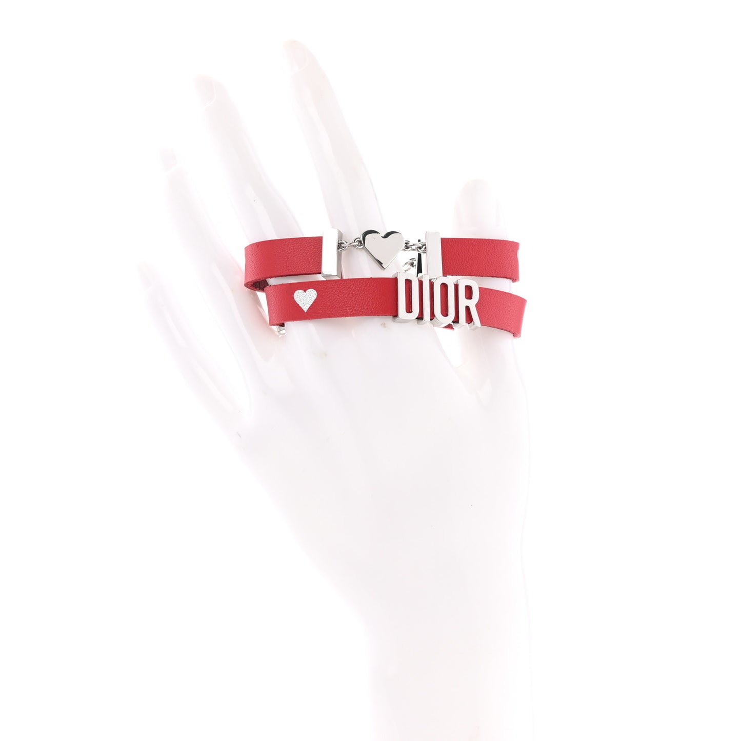 Calfskin Dior Heart Double Bracelet Red