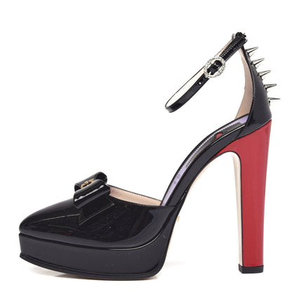 Gucci Patent Crystal GG Bow Sadie Spike Ankle Strap d'Orsay Platform High Heel Pumps 37 Black 1 of 11