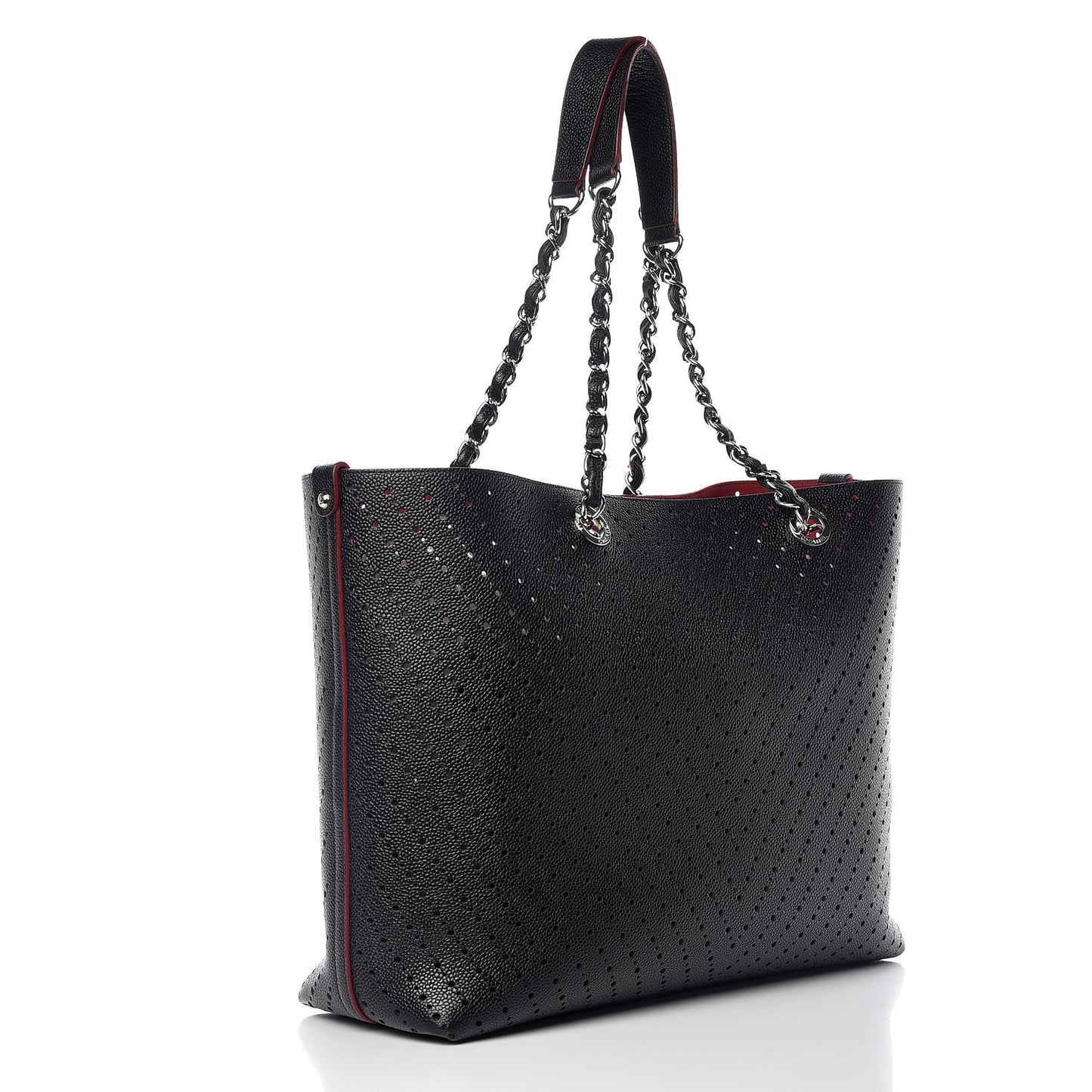 Perforated Grained Calfskin Large Shopping Tote Black