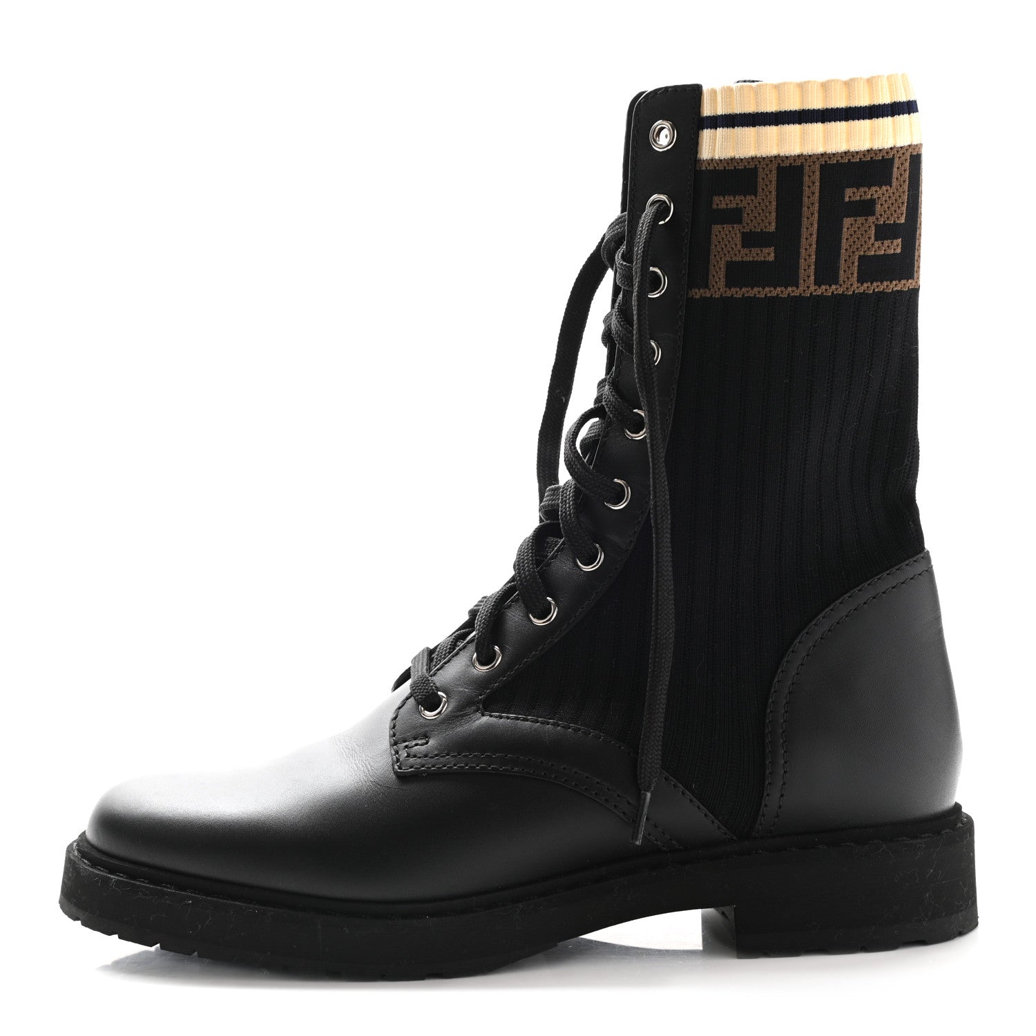 Fendi Calfskin Stretch Fabric Rockoko Biker Boots 39 Tobacco Black Marino 1 of 9