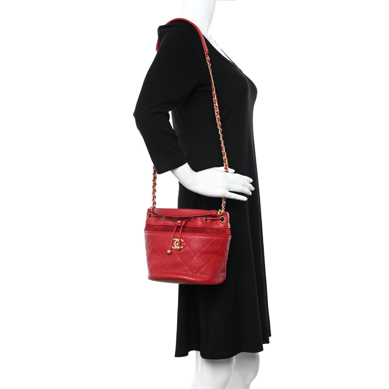 Chanel Caviar Suede Quilted Drawstring Bucket Bag Dark Red 2 of 11